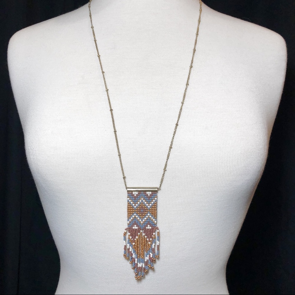 Southwestern Seed Bead Tassel Fringe Long Necklace - Picture 2 of 3